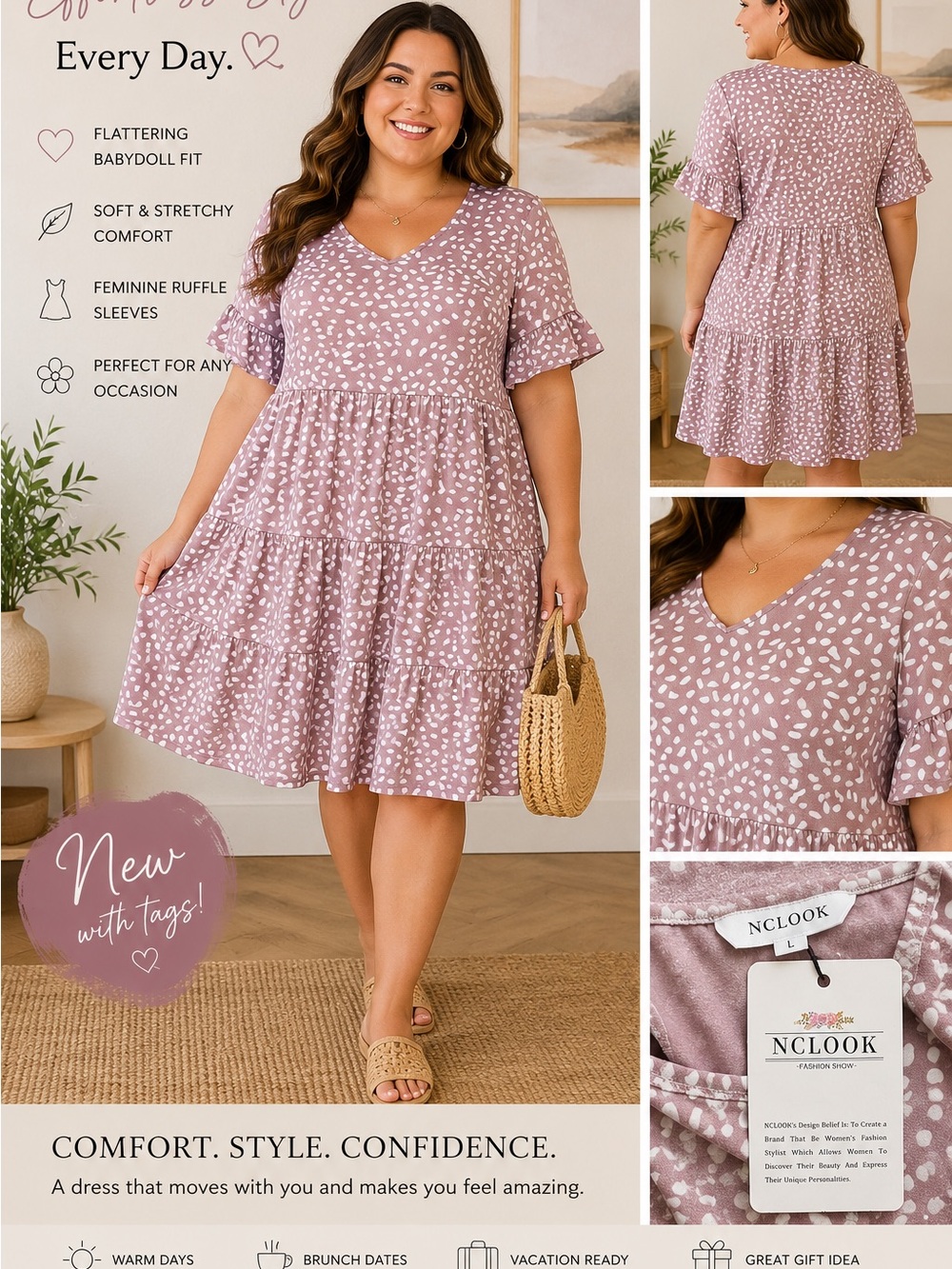 NClook Mauve V-Neck Babydoll Mini Dress
